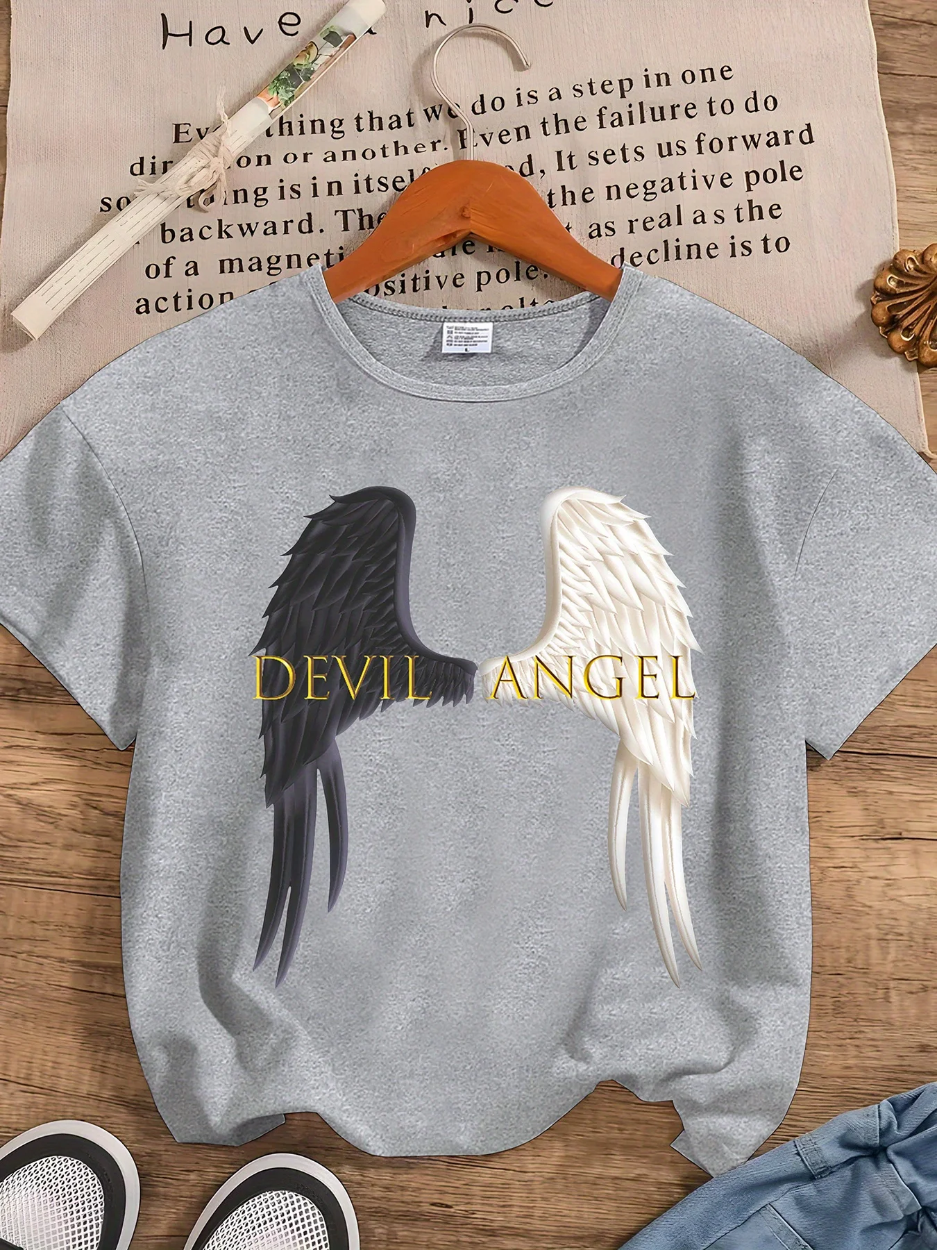 Devil & Angel Wings & Protect Surround You Trust You're Safe Print Crew Neck T-shirt, Casual Fashion Short Sleeve T-shirt, Micro-Elastic, Non-Transparent, Easy to Care Material, Ideal for Casual Attire, Women's Clothing