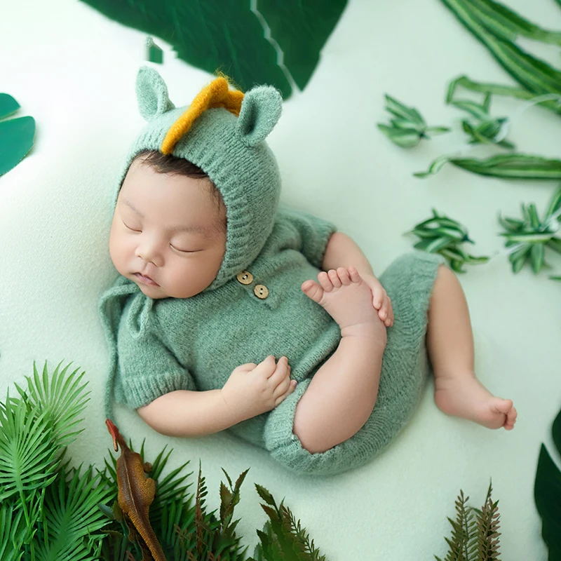 Newborn Photography Outfit Forest Dinosaur Themed Knit Clothes With Hats Dinosaur Doll Green Plant Studio Baby Photoshoot Props