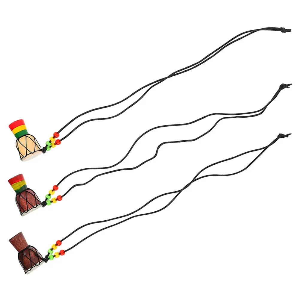 

3 Pcs African Drum Necklace Bohemian Style H made Miniature Wood Pendant Jewelry Instrument Chain Gift for Women