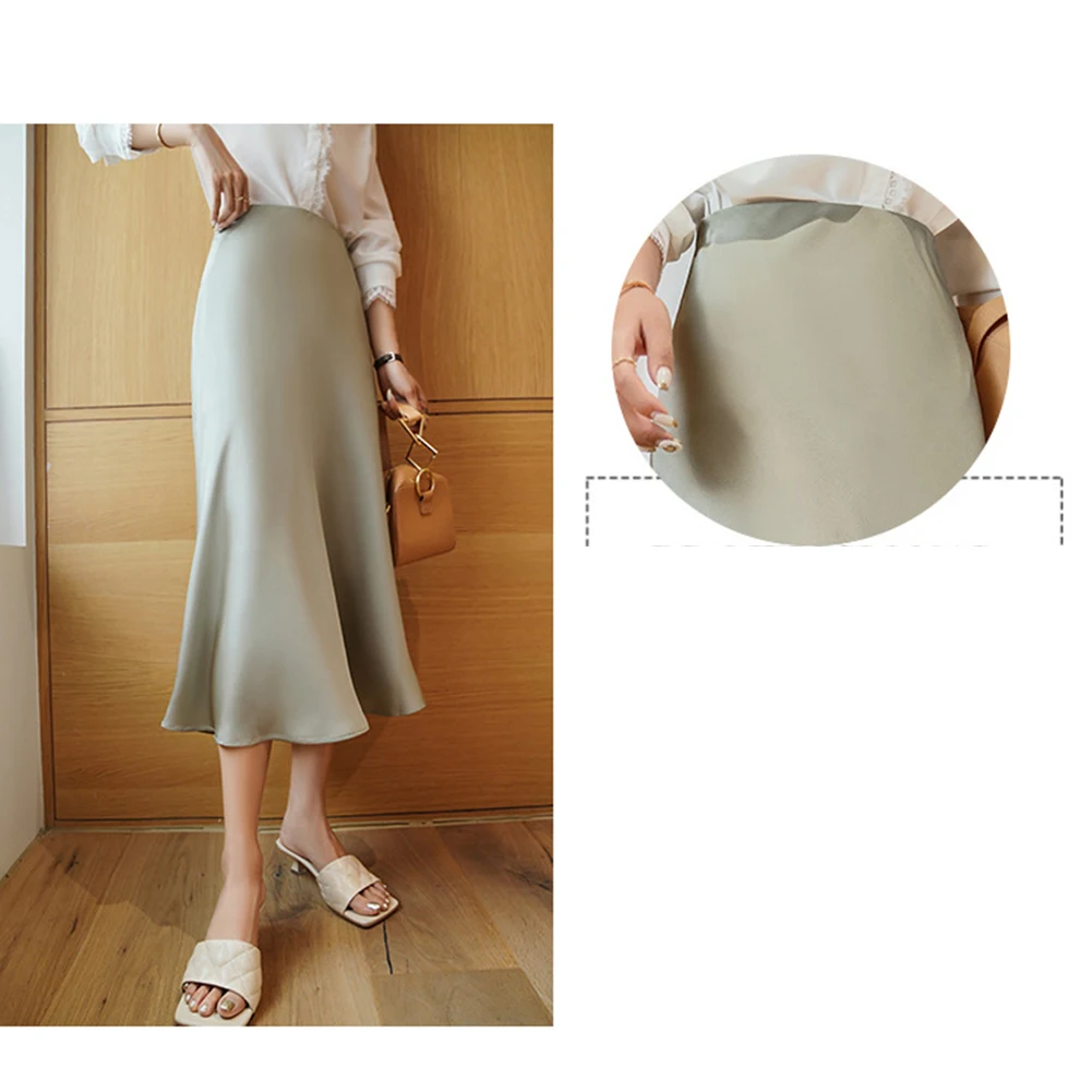 Faux Silk Fishtail Skirt Women's Summer High Waist Slim Mid-Length Satin Skirt