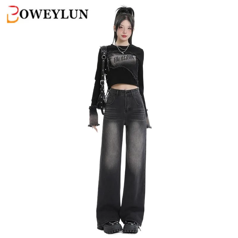 Boweylun Spring and Autumn New Vintage High Waist Wide Leg Jeans Women Loose Denim Full Length Pants Female Wide-leg Trousers