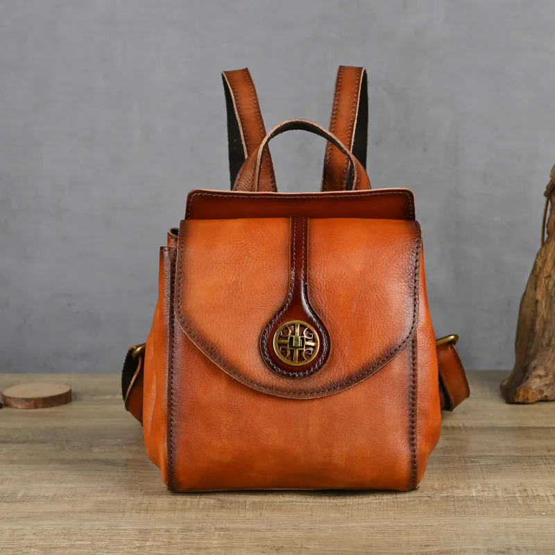 

Genuine Leather Cowhide Mini Backpack Teenage Youth Retro Metal Buckle Small Backpacks Women Daily Vintage Double Shoulder Bags