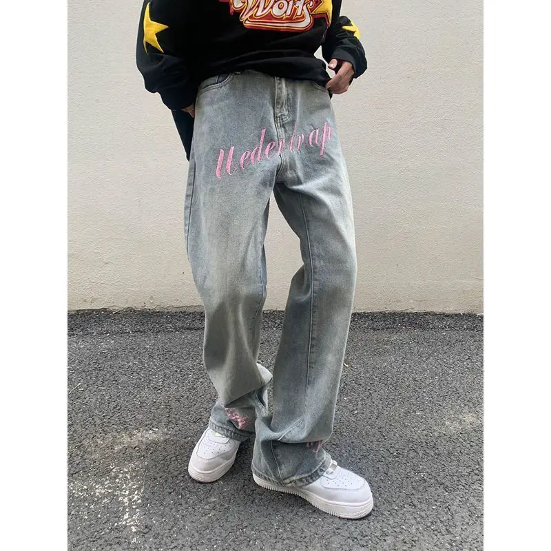 Hip-pop Jeans Women Pink Letter Embroidery Denim Pants American Style High Street Streetwear Winter Loose Straight Trouser 2025