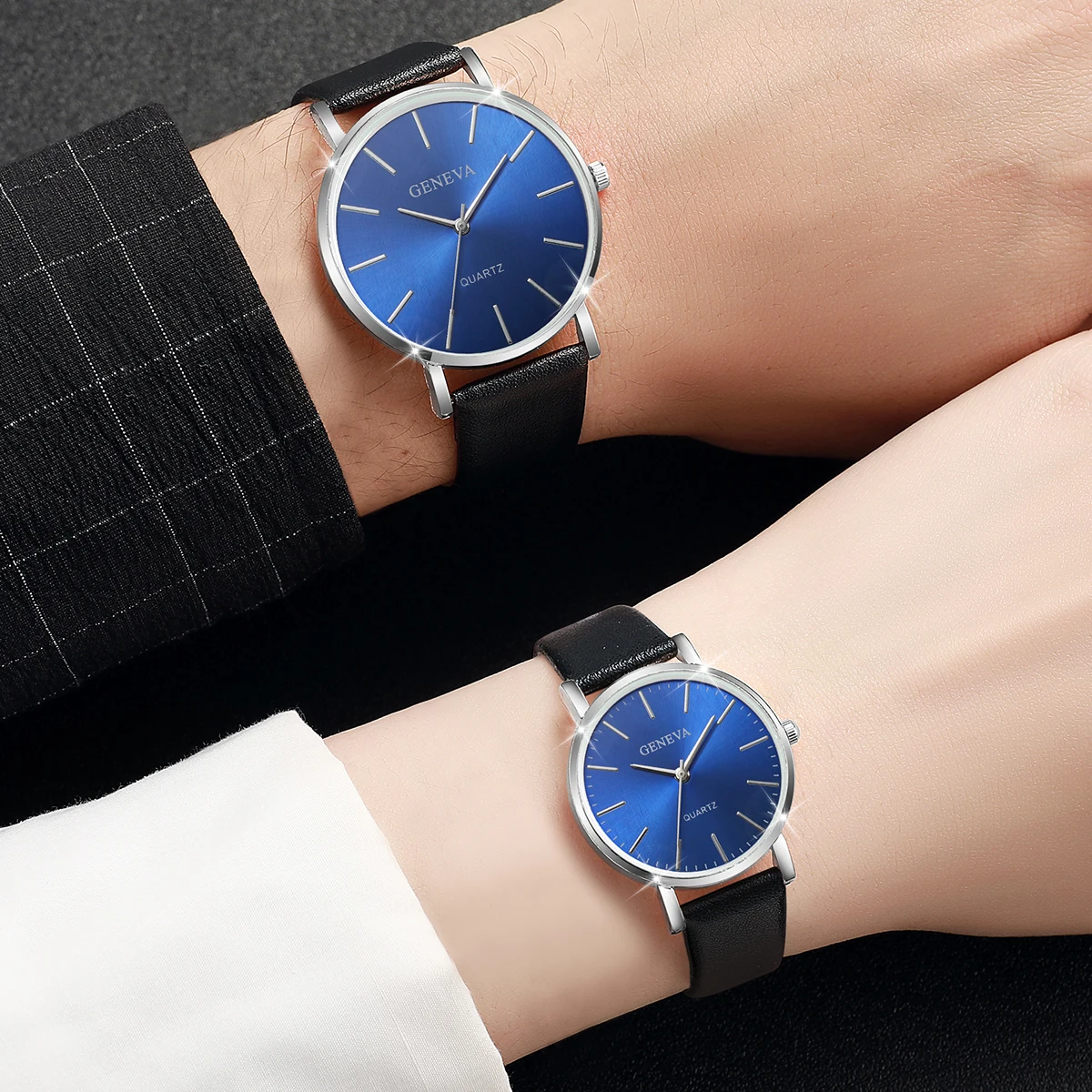 2PCS Couple\'s Watches Fashion Blue Dial Women Quartz Watch Men Leather Band Wristwatches