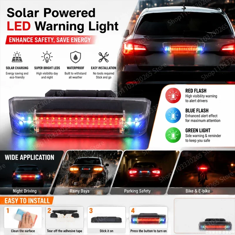Solar LED Car Warning Light, Easy No-Wire Install, Super Bright, All-Weather, Enhance Safety for Night & Rain