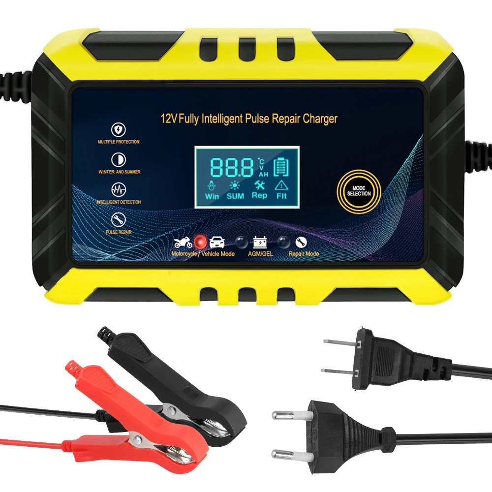 Inteligent Detection Car Battery Chargers 100V/240V Input 12V 6A For Lead Acid Battery 90W Colorful Digital Display Pulse Repair