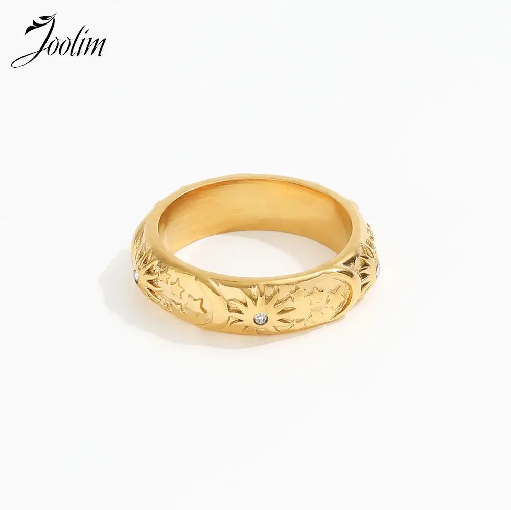 

Joolim Jewelry High End PVD Waterproof Retro Designer Couples Embossed Zirconia Moon Sun Stainless Steel Finger Ring for Women