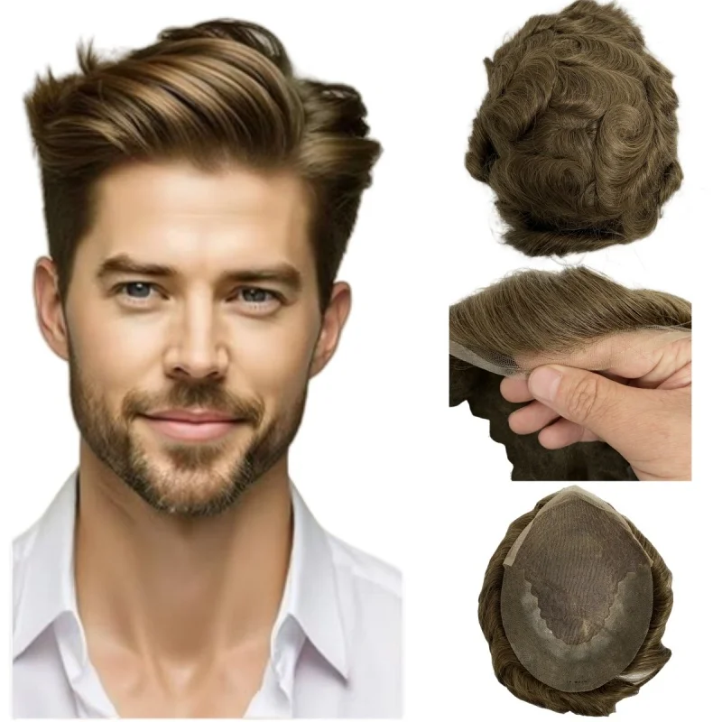 

6 дюймов Монгольские девственные человеческие волосы, 32 мм, волна, светло-коричневый цвет 17 # Парик 8x10 Q6 для белых мужчин