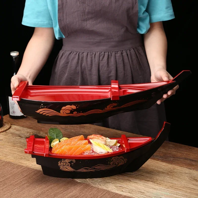 Black and Red Sushi Sashimi Boat Creative Japanese Seafood Plate Salmon Sashimi Tray Ideal for Restaurants and Catering