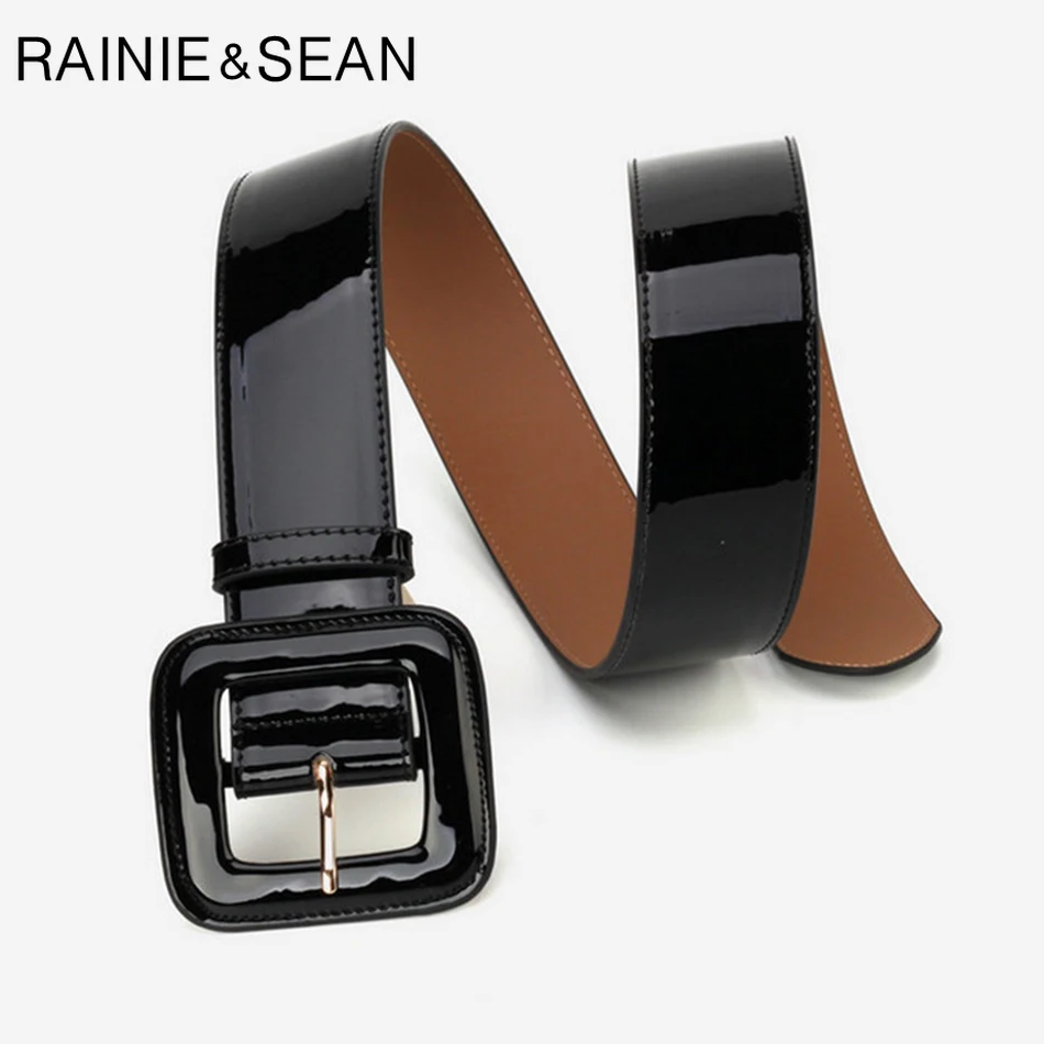 RAINIE SEAN Wide Belt Female Dress Belts Patent Leather Genuine Cowhide Black Elegant French Luxury Designer Women Waist Belt