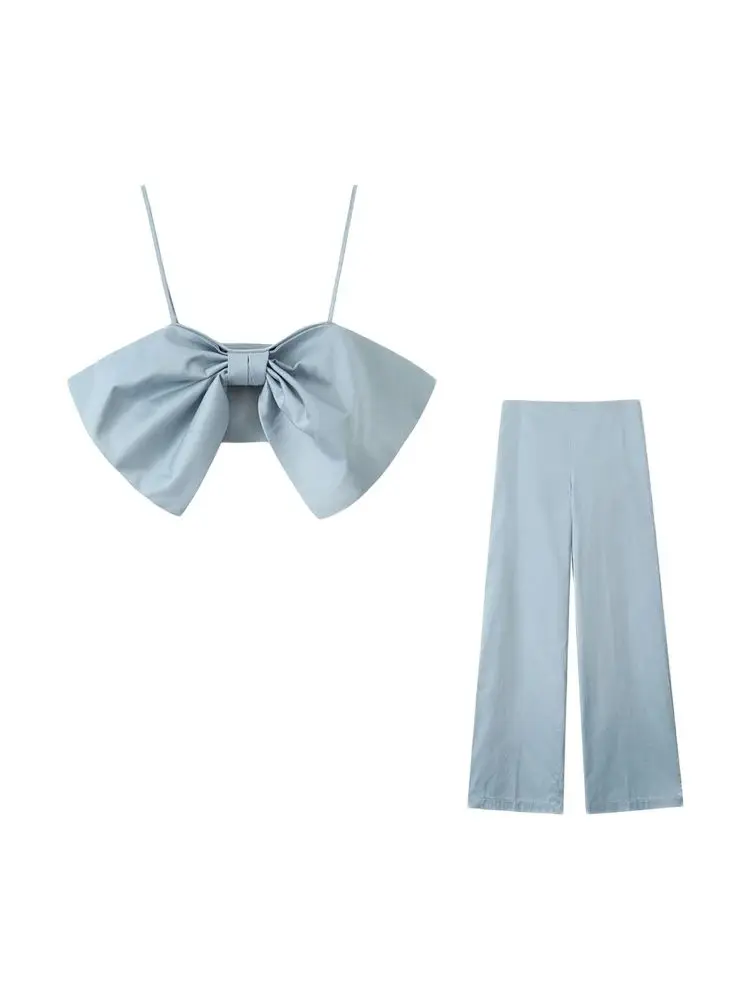 

TRZA Women Fashion With Bow Satin Crop TanK Tops And High Waist Side Zipper Trousers Female Two Piece Sets Mujer