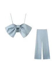 TRAF moda donna con fiocco in raso Crop canotte e pantaloni con cerniera laterale a vita alta donna due pezzi set Mujer