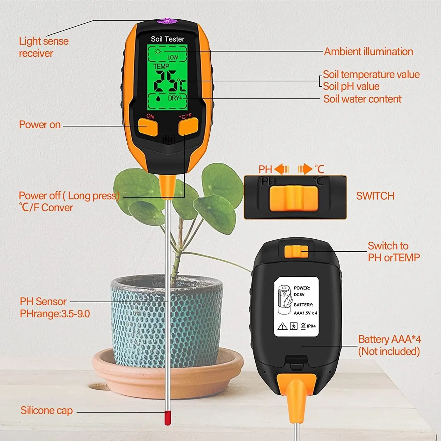 4 in 1 Soil Moisture Meter Digital Plant Temperature Soil Moisture PH Meter Sunlight Intensity Environment Humidity