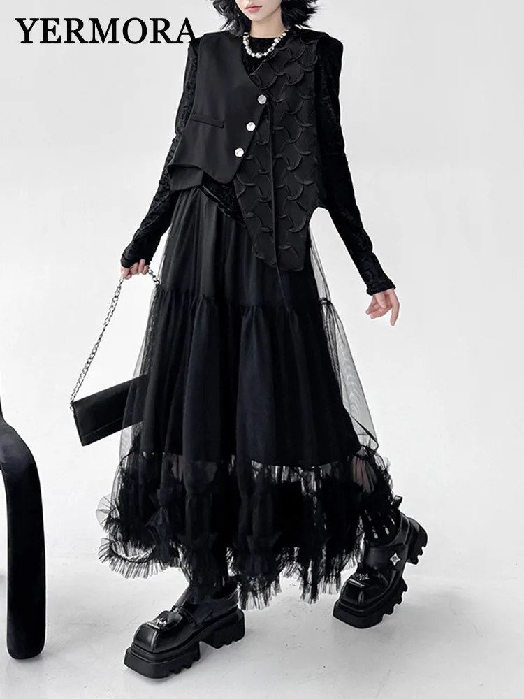 

YERMORA High Elastic Waist Black Mesh Half Body Skirt Two Pieces Set New Irregular Vest Fashion Tide Spring Summer 2025 A927