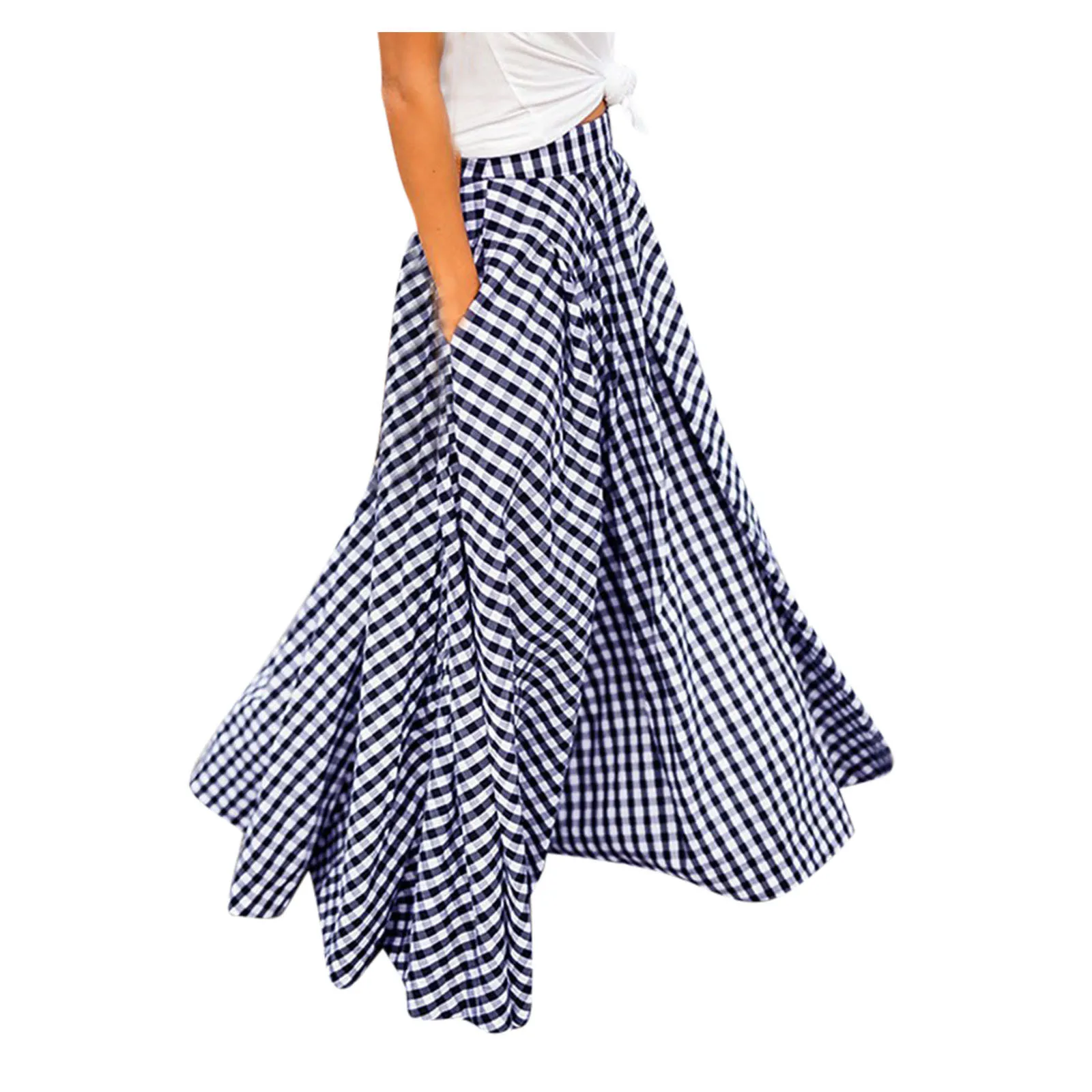 Spring Summer Elegant And Fashion Style Checkered Medium To Long High Waist Large Swing Skirt With Drop Feeling Pocket Skirt