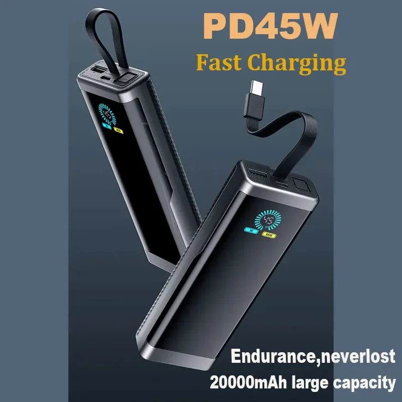 PD45W 20000mah Power Bank LCD Color Screen Built-in Line Small and Portable for Laptop Phone 2Type-C 1USB Two Way Fast Charging