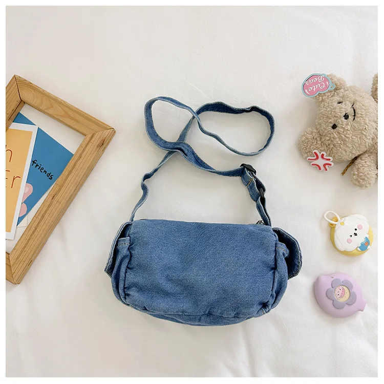 Vintage Denim Children\'s Messenger Bag Solid Color Boys Kids Travel Shoulder Bags Simple Girls Handbags Canvas Crossbody Bag