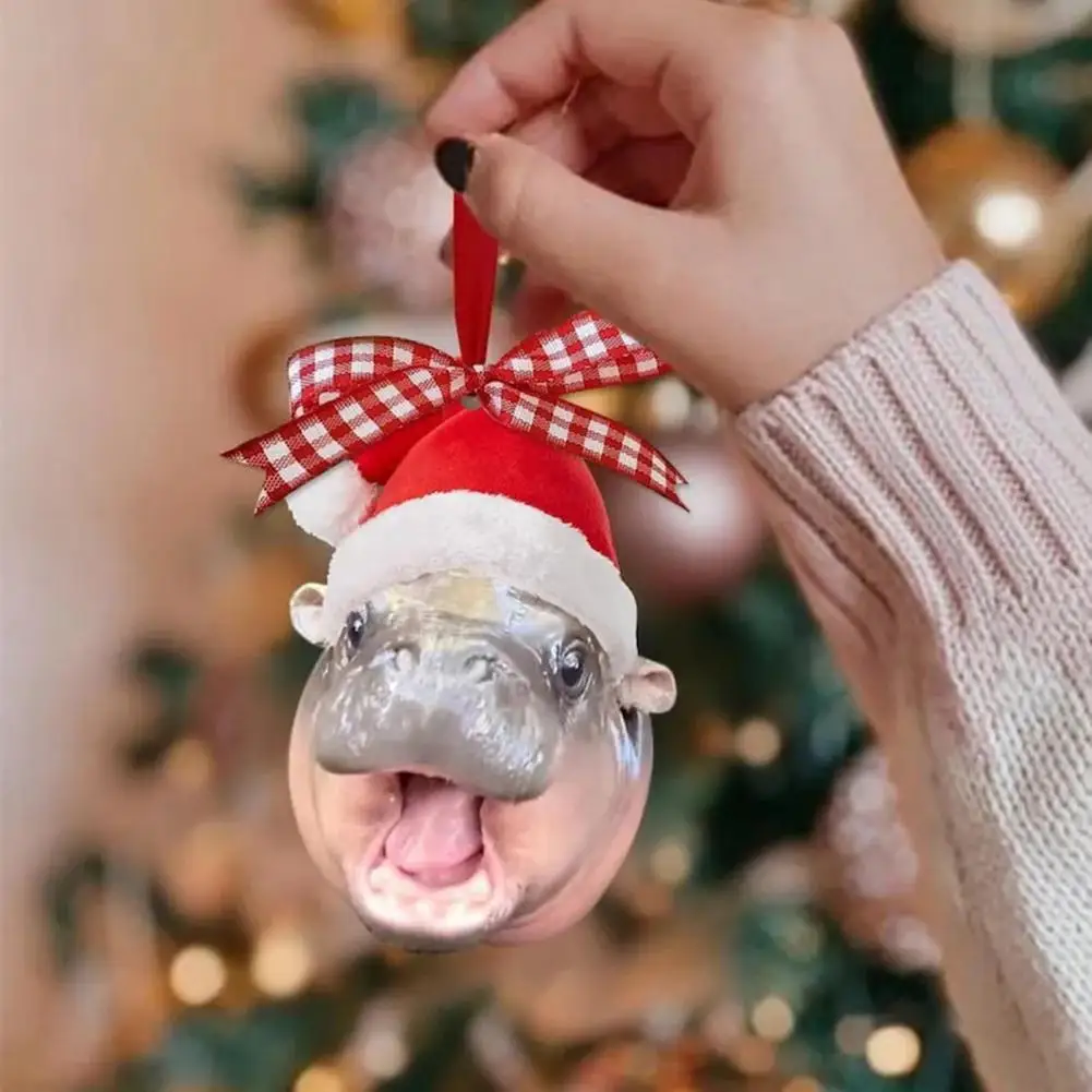 

Acrylic Ornaments Realistic Christmas Pygmy Hippo Ornaments with Xmas Hat Decorations for Tree Home Acrylic Baby Hippo for Car