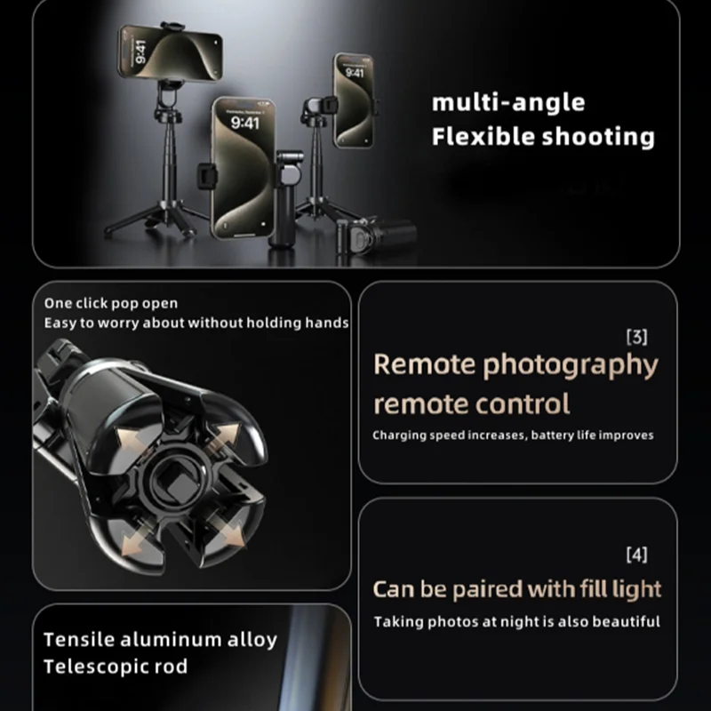 샤오미 셀카봉 스탠드, 삼각대, 블루투스 어시스턴트 핸들, 여행용 휴대용 모바일 폰 촬영 핸드헬드 라이브 스트리밍