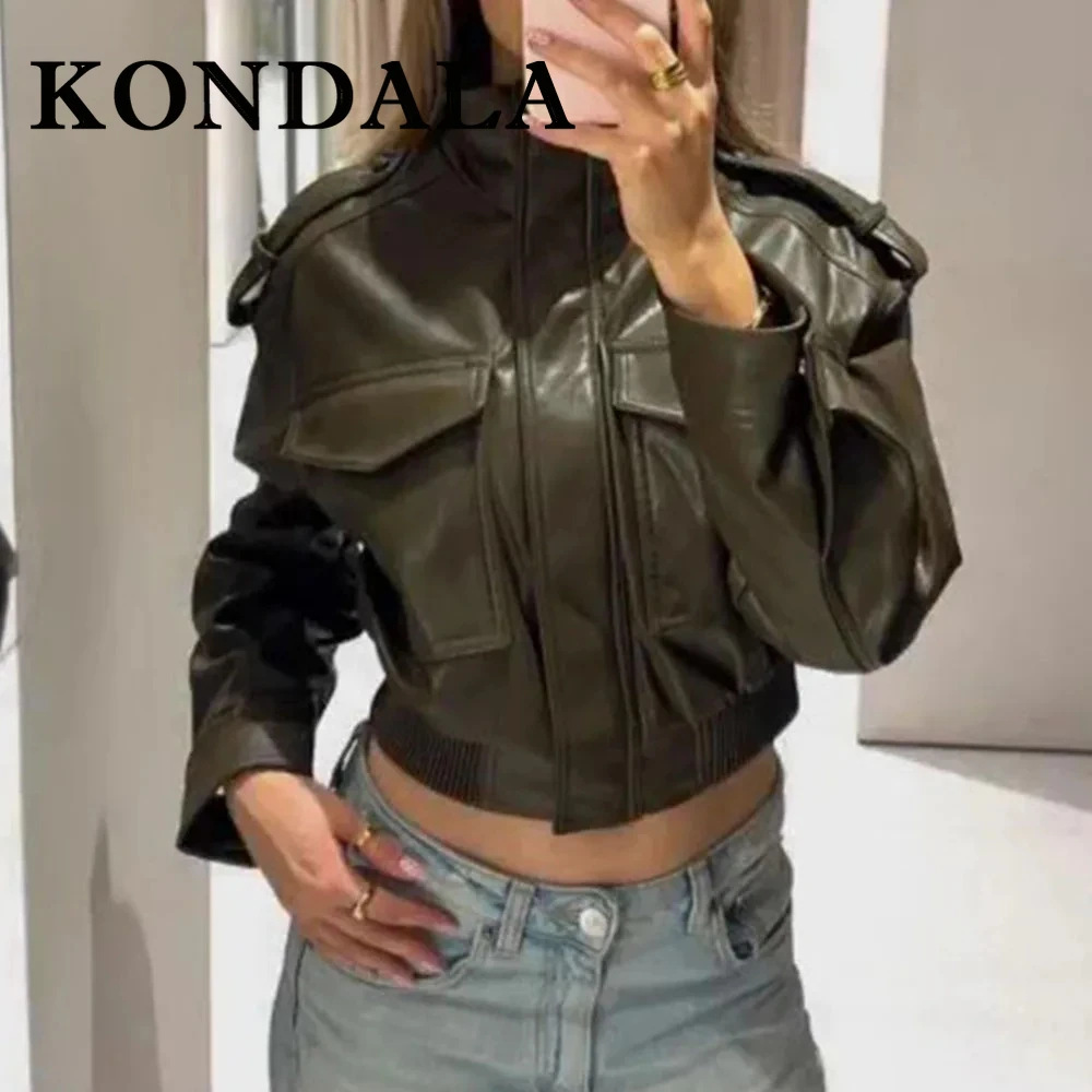 

KONDALA шикарные осенние крутые женские куртки из искусственной кожи 2025 года, короткое пальто на молнии, свободная куртка с карманами, модная уличная женская повседневная верхняя одежда