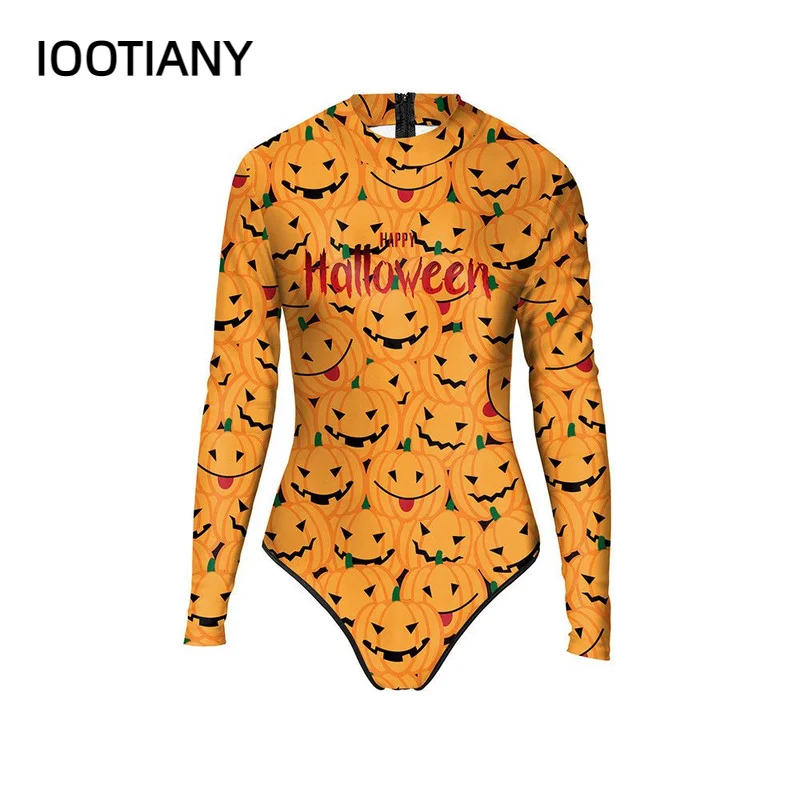 

2024 Halloween's Pumpkin Print Women One-Piece Swimsuit Summer Casual Long Sleeve Beachwear Bathing Suit Sexy Tight Swimwear