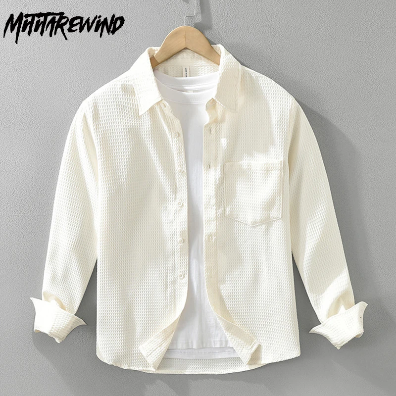 

Spring Fall Long Sleeve Shirt Man Daily Causal Men Shirts Turn Down Collar Waffle Apricot Shirt with Pocket Simple Camisa Hombre