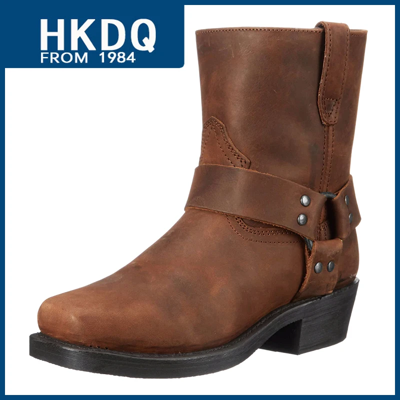 

HKDQ Fashion Leather High Cowboy Boots For Men England Style Brown Zip Western Boots Men Trendy Outdoor Non-slip Mens Heel Boots