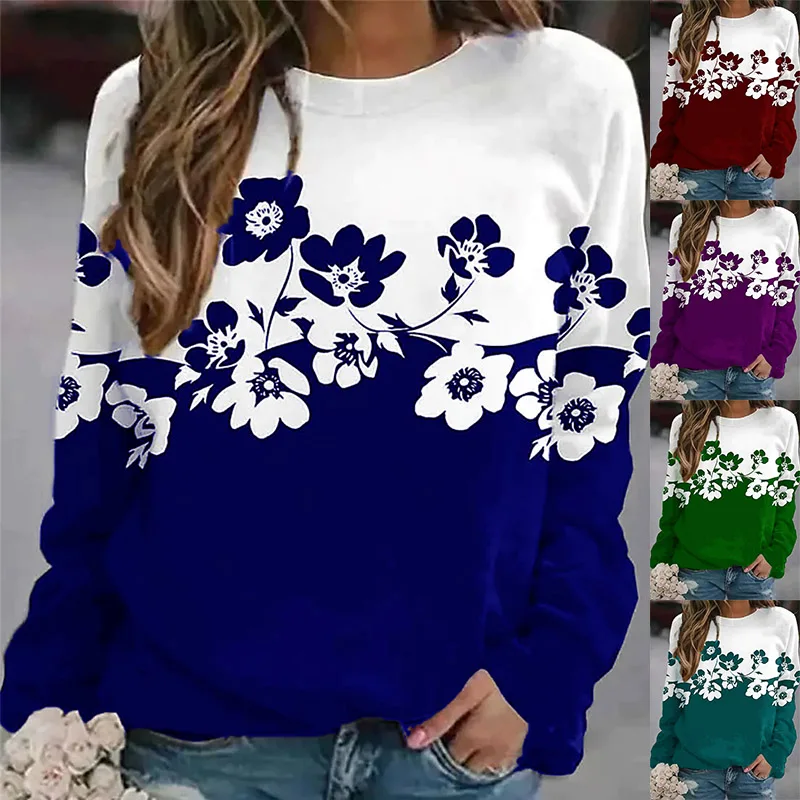 

XS-8XLNew Everyday Vintage T-shirt Round Neck Loose Top Elegance Long Sleeve Autumn Winter Women's Floral Print Pullover Sweater