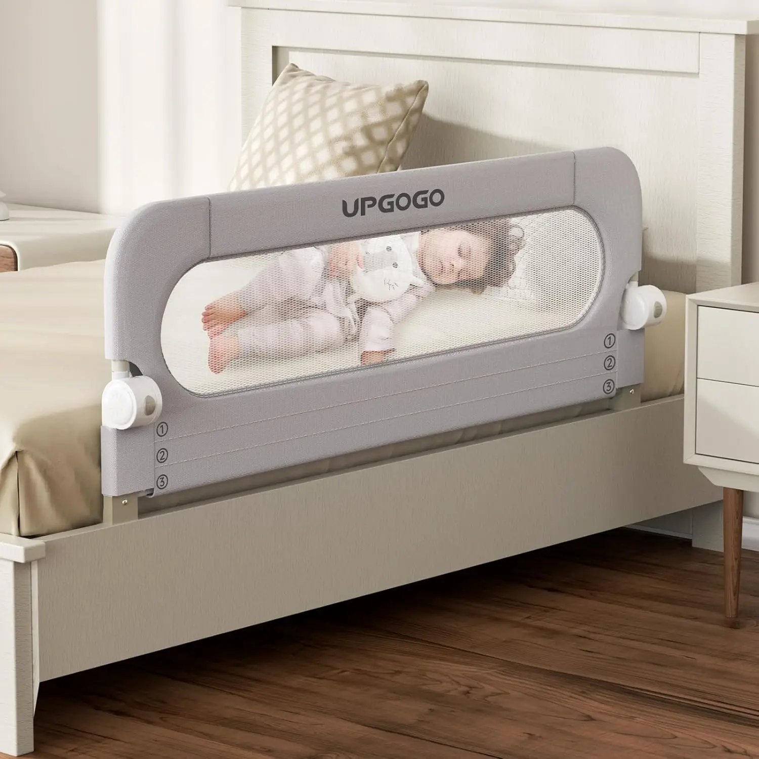 Toddler Bed Rail Guard with Safety Lock, Fits Twin to King Beds, Easy Installation, Grey