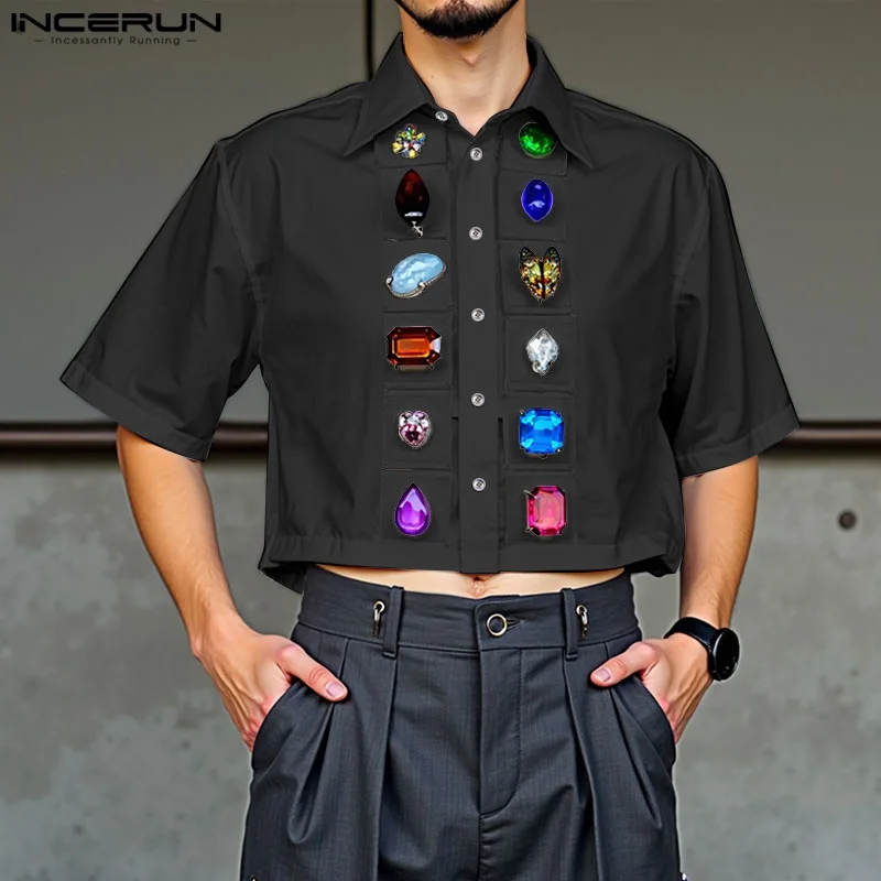INCERUN Männer Hemd Druck Revers Kurzarm Taste Casual Männlichen Crop Tops Sommer 2025, Sexy Mode Männer Kleidung Streetwear