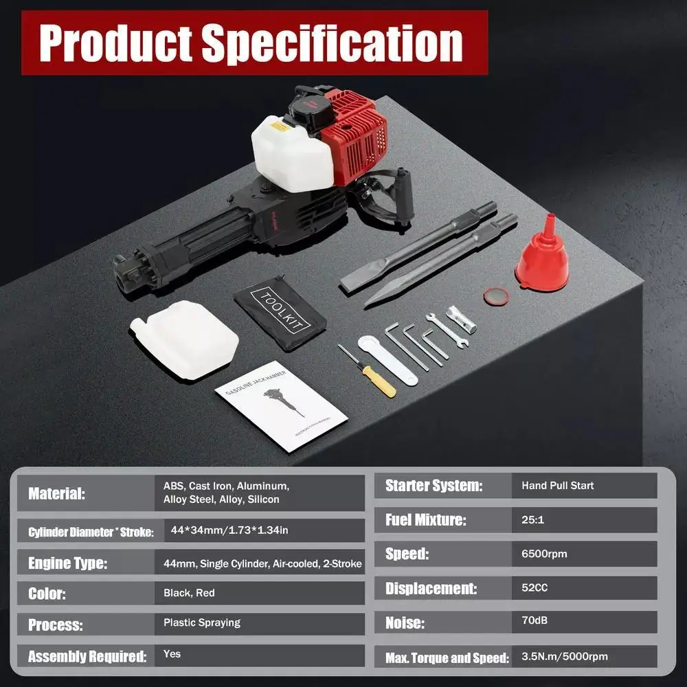 

Professional 52cc Concrete Demolition Hammer - Gas-Powered Breaker Kit w/ 2 Heavy-Duty Chisels