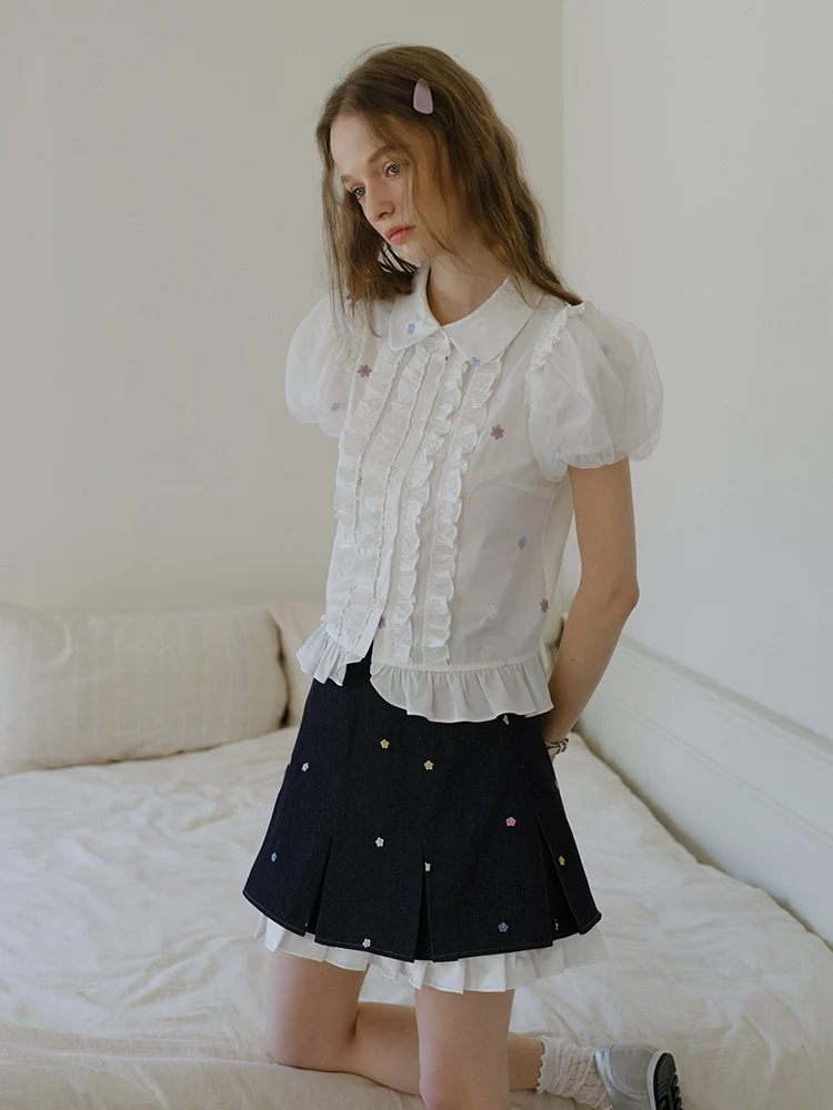 Elegant White Cotton Bubble Sleeve Shirt with Lace Trim Women's Summer Top by Isislove Vintage Style Floral Print Short Sleeve