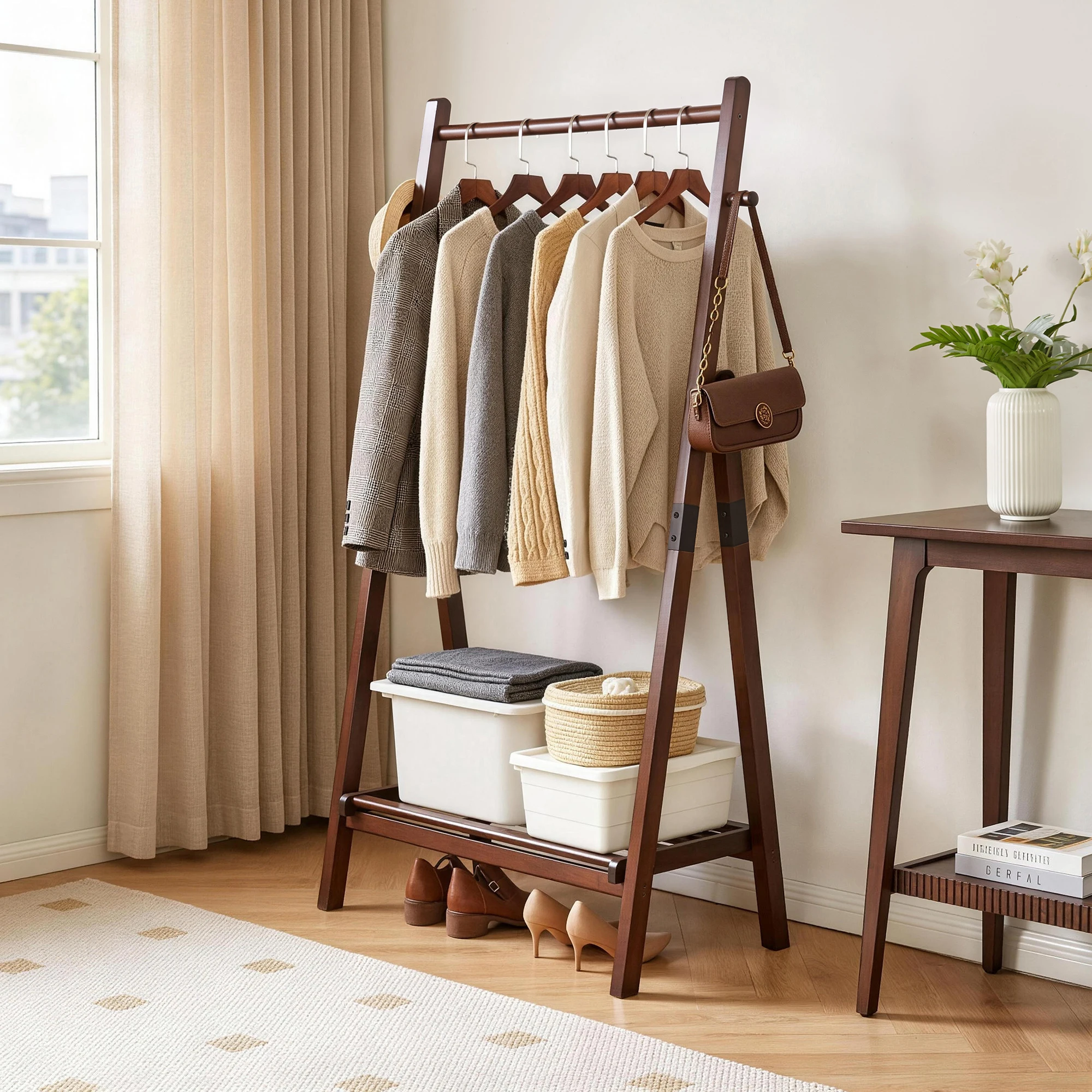 Solid Pine Wood Clothes Rack, A-Frame Garment Rack with Shelf & Side Hooks, Space-Saving Organizer