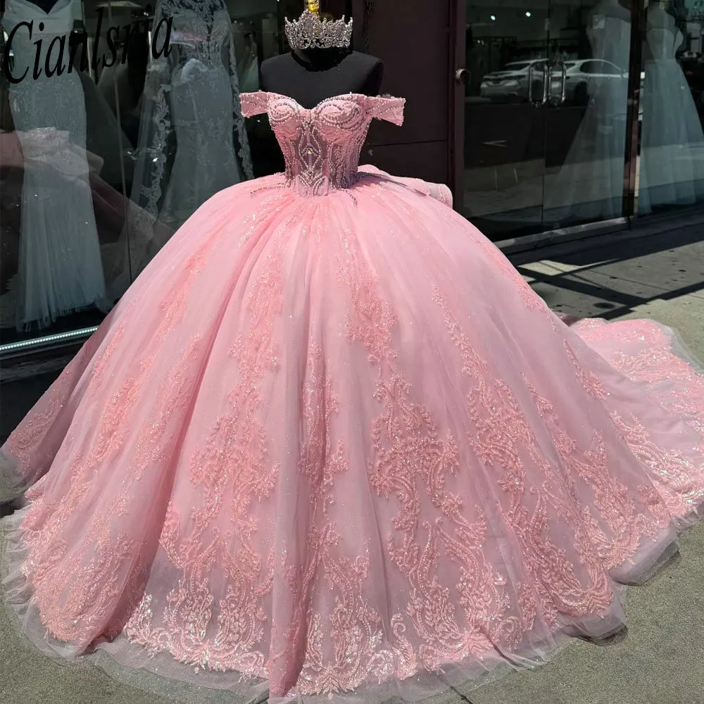 

Pink Illusion Beading Crystal Quinceanera Dresses Ball Gown Off The Shoulder Appliques Lace Sweet 15 Años Mexican Customized