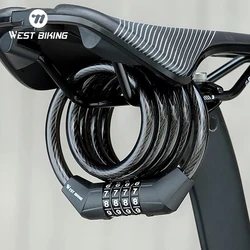 WEST BIKING 1.2M Bicycle Cable Lock 4 Digits Code Combination Steel Wire Lock Waterproof Wear-resistant PVC Portable Lock