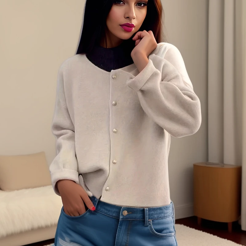 

Осенне-зимний новый женский кардиган с круглым вырезом, свитер в корейском стиле, однотонный женский трикотаж, однобортный пиджак