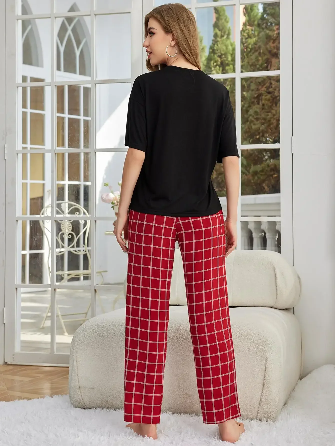 Heart Print Women Pajama Sets Short Sleeves Top & Full-Length Plaid Pants Female 2 Pieces Sleepwear Atumn Spring Fall Homwear