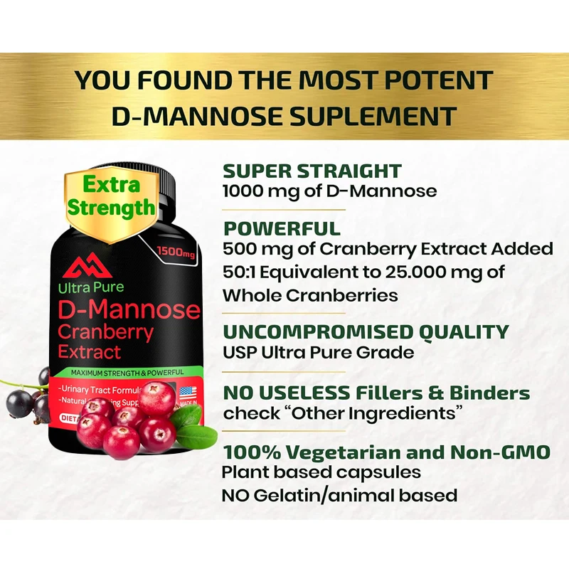 D-mannose and cranberry extract capsule 1500mg super strong pill - fast acting UTI urinary bladder health supplement