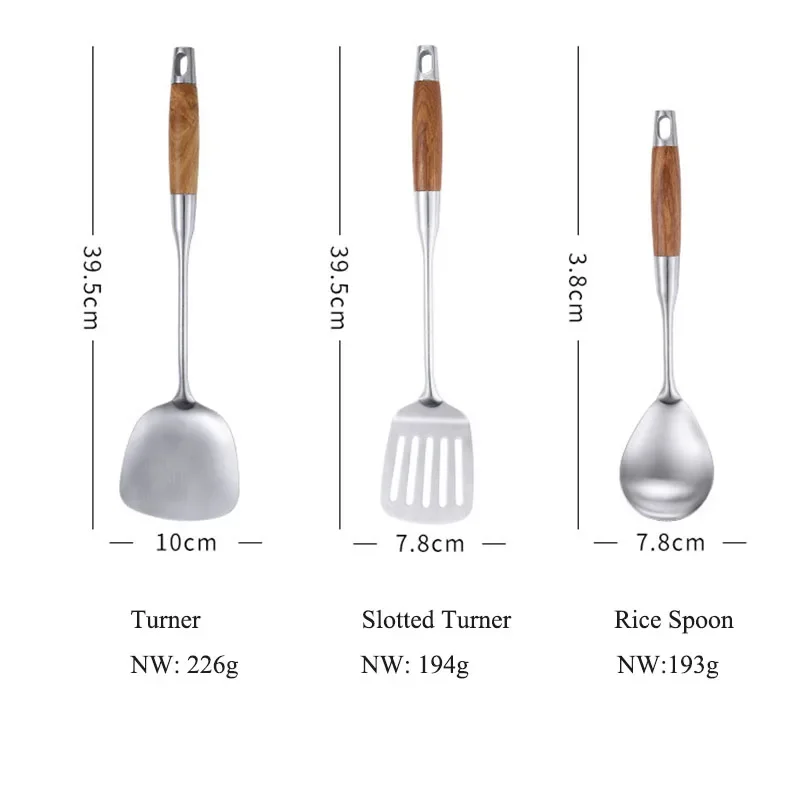 6-Piece 304 Stainless Steel Cooking Tools Set, Kitchen Utensils with Wooden Handle - Turner Spoon Strainer Pasta Server Cookware