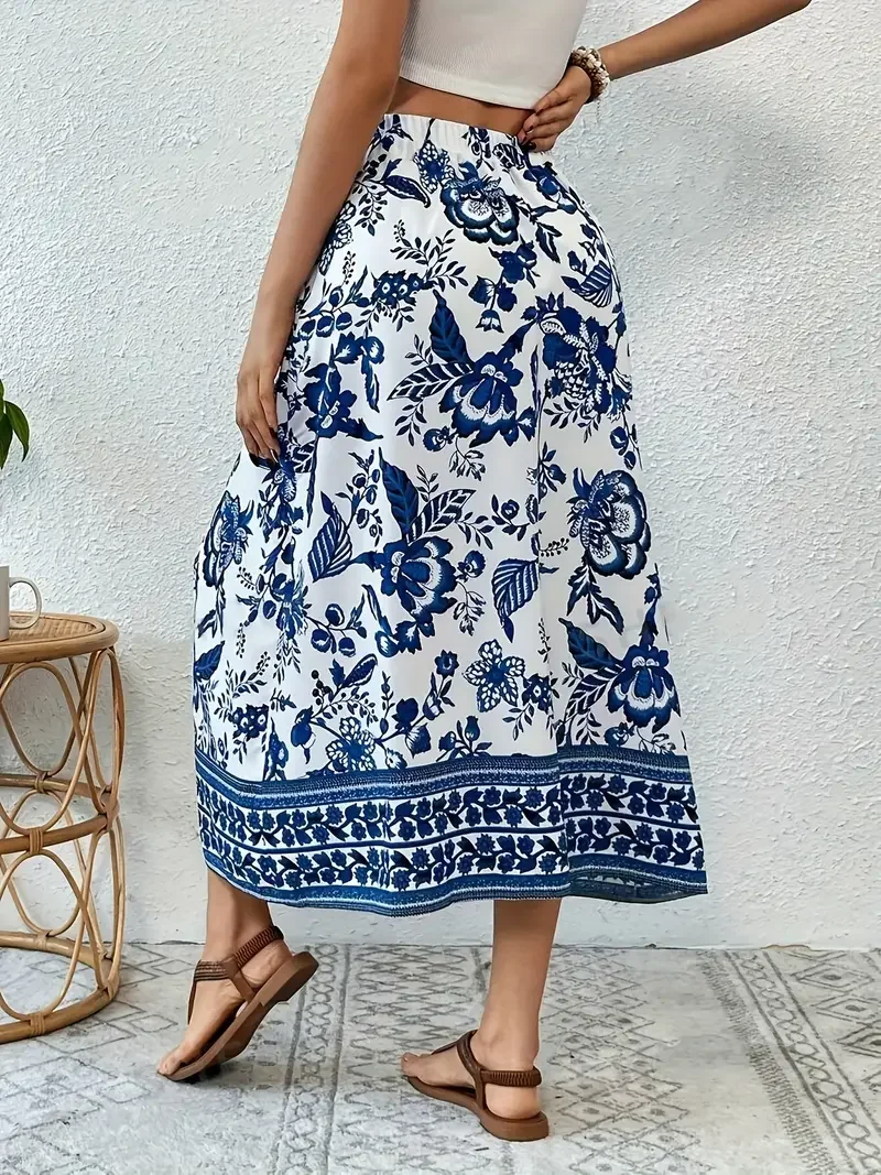 Vibrant Floral Print High Waist Skirt - Sultry Slit Design Flattering Silhouette Perfect for Spring & Summer Womens Vacation