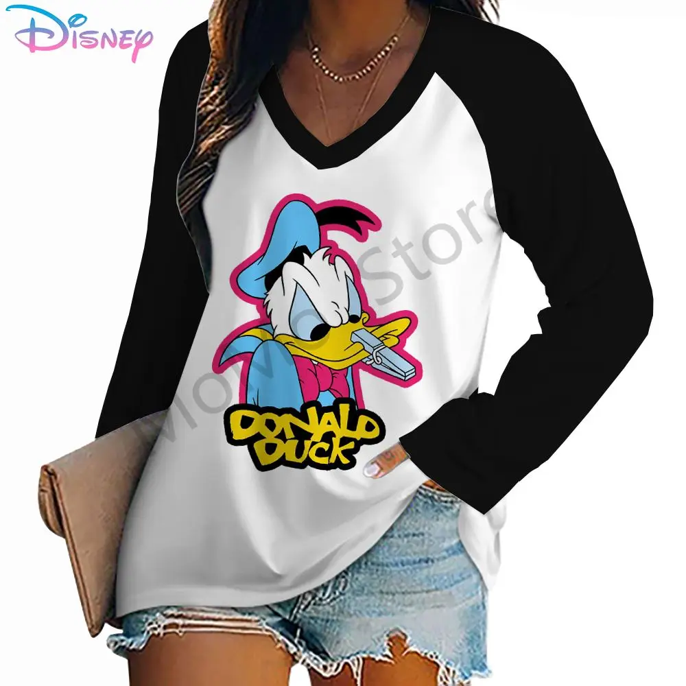 Disney Donald Duck Autumn Women\'s Long Sleeve T-Shirt Ladies Fashion High Quality S-3XL 2024 New V Neck Lovely Leisure Kawaii