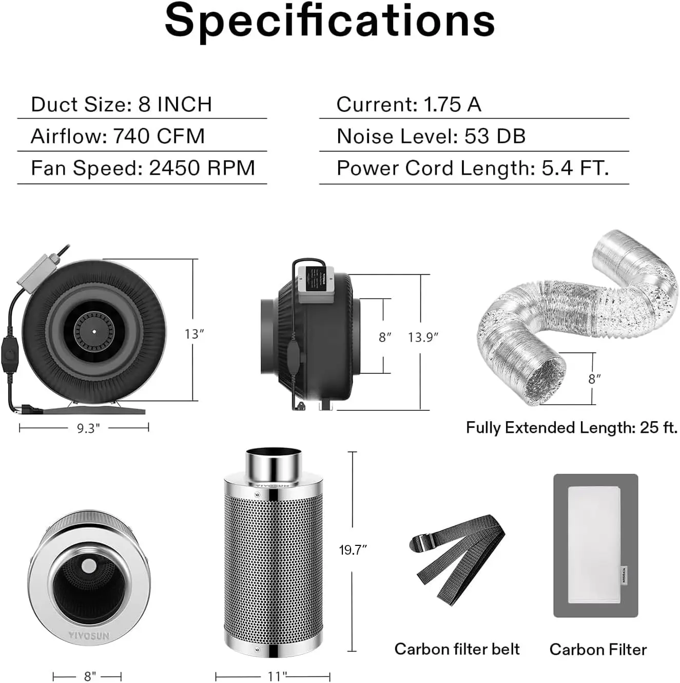 Vivosun 8 Inch 740 Cfm Inline Fan With Speed Controller, 8 Inch Carbon Filter And 25 Feet Of Ducting, Air Filtration Combo For