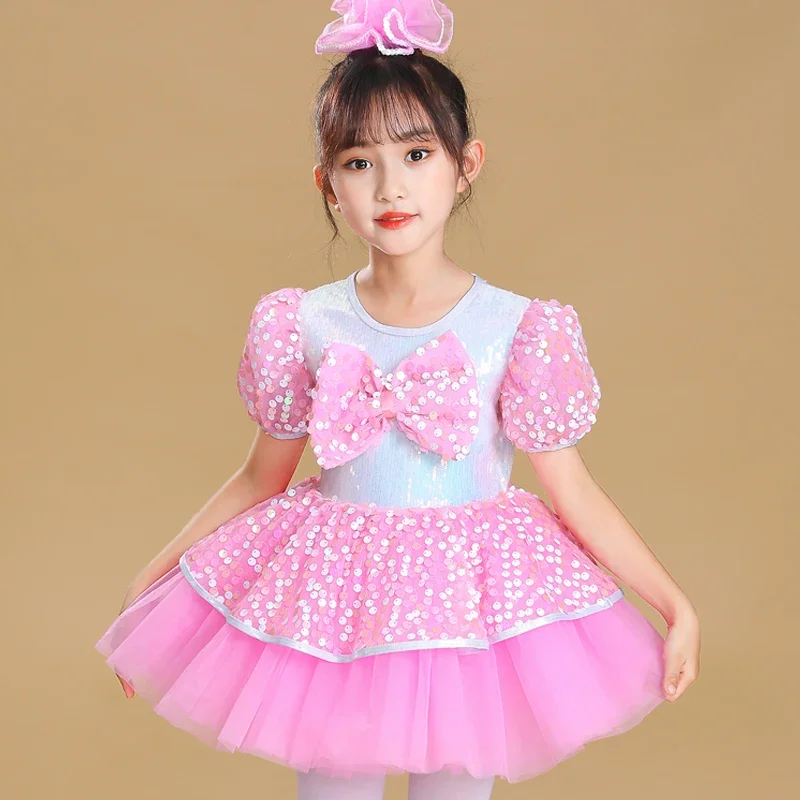 Modern dance Tutu Dress Girls Kids Ballroom Clothing Sequined Jazz Costume Stage Wear Pink Wedding Princess Dresses