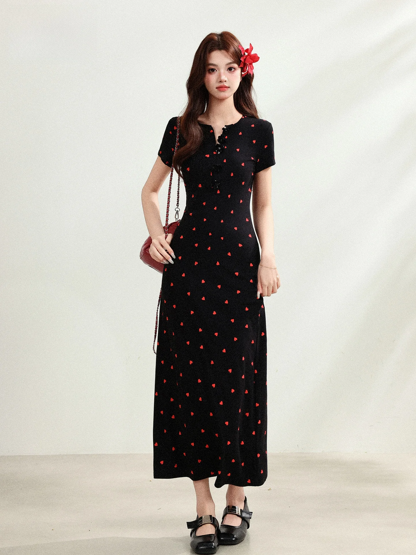 

Black Polka Dot Heart Shaped Women's Dress Short Sleeve V-Neck Waist Cinched Slimming A-Line Summer Dress Commute Style
