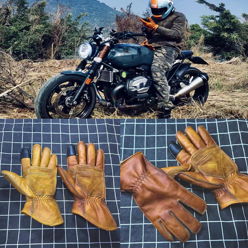 

Handmade Vintage Leather Motorcycle Racing Glove Guantes Moto Luvas Full Finger Motocross MTB Biker Gloves Touchscreen Glove