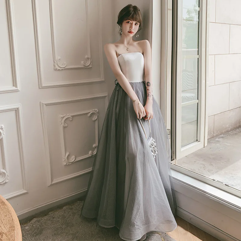 

Grey White Patchwork Strapless Evening Dress Women Bow Bandage A-line Tulle Homecoming Dresses Simple Elegant Banquet Gown