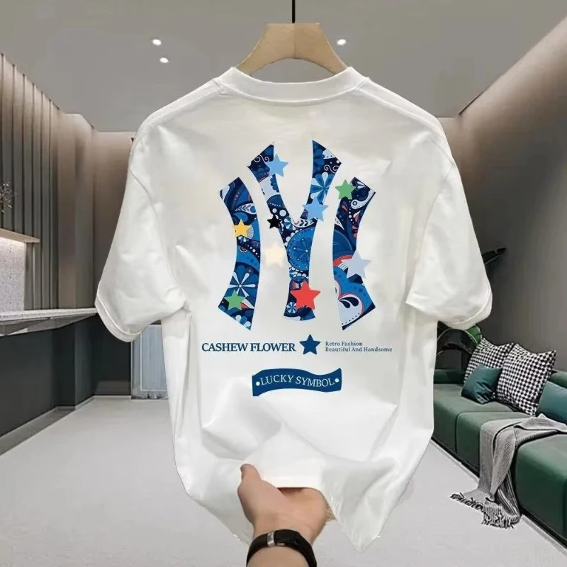 T-shirt Homme Coton Épais Marque Tide 2026 – Tendance Été Décontracté Col Rond Ample Imprimé – Vêtem