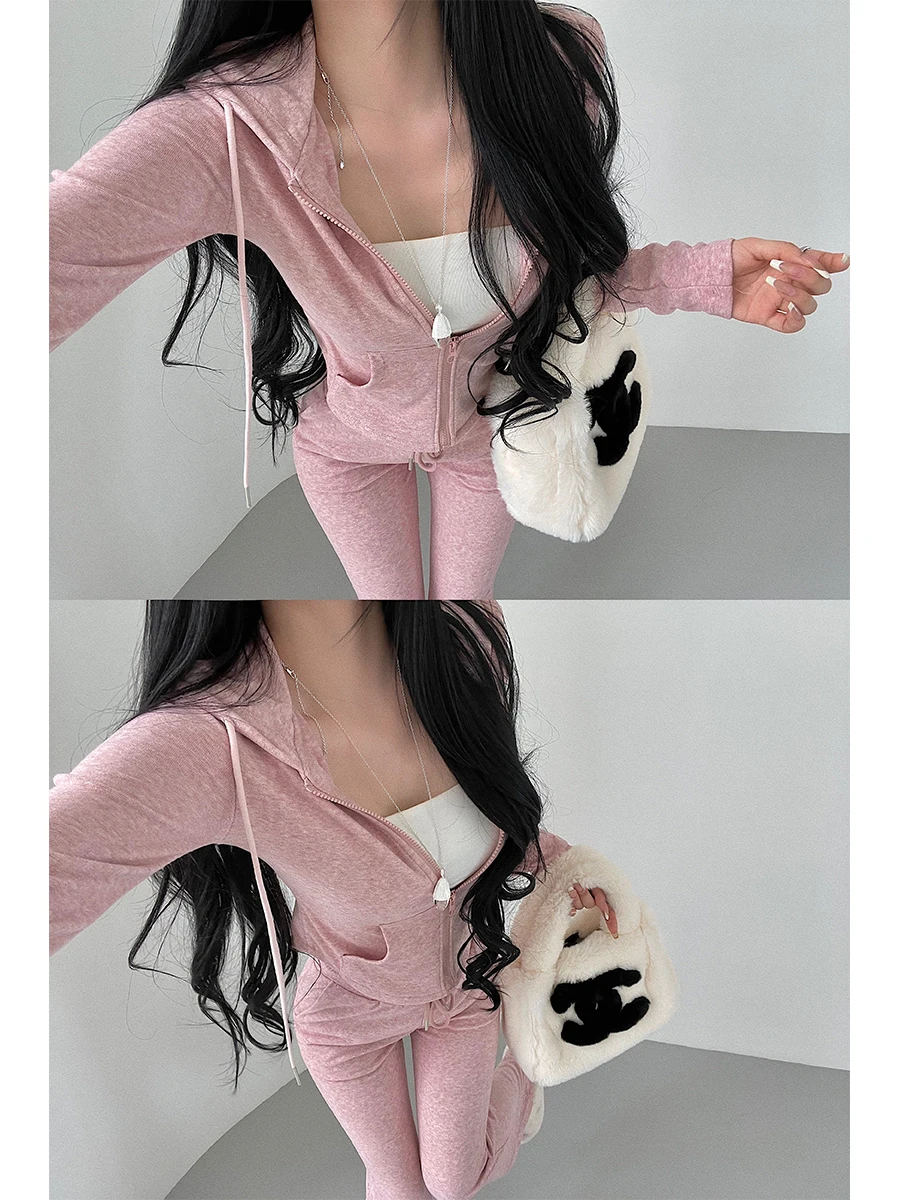 Trendy Young Girl Day Hooded Waist Cinched Open Cardigan Jacket High Waist Flared Casual Pants Floor-Length Pants Set
