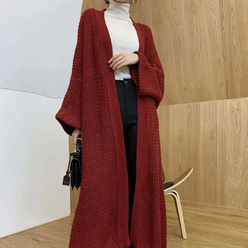 

Loose Long Knitted Open Cardigan Women's Plus Size Sweater Coat Thick Yarn Autumn Winter Lazy Style Knee-Length Outerwear