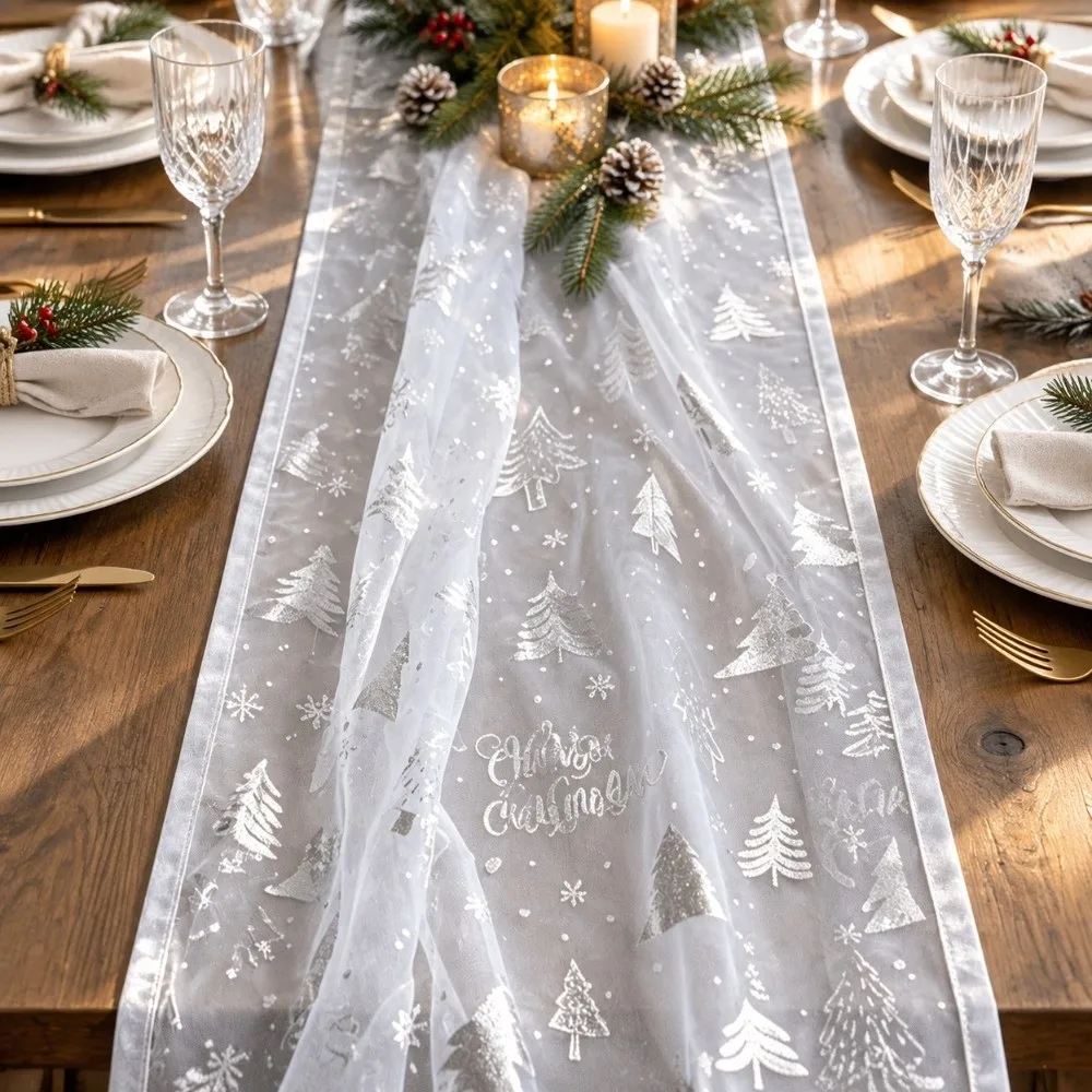 Christmas Tree Pattern Tulle Table Runner Glitter Bronzing Christmas Tulle Fabric Rustic Translucent Sheer Gauze Table Runner